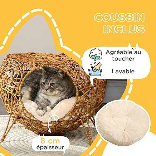 Chat dans un panier en osier avec coussin inclus.