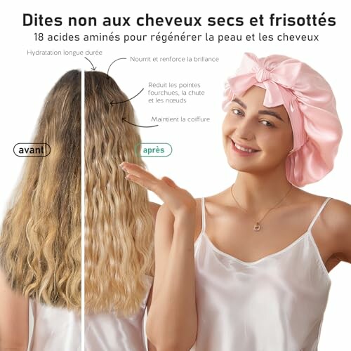 Avant et après traitement des cheveux secs et frisottis avec un bonnet de soin.