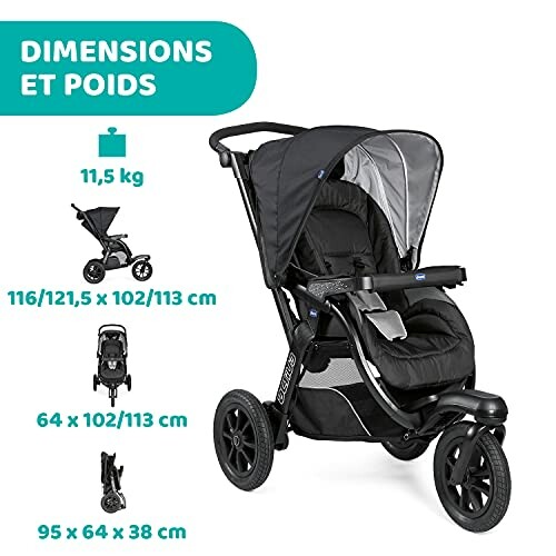 Poussette Chicco noire avec dimensions et poids affichés