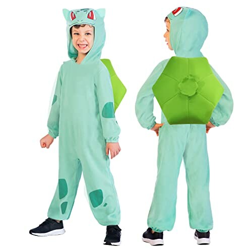 Enfant portant un costume de Bulbizarre vert avec capuche.
