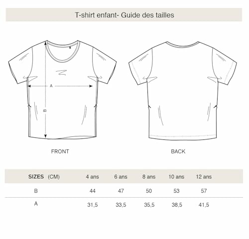 Guide des tailles pour t-shirt enfant avec mesures en centimètres.