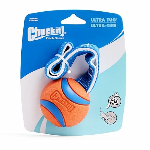 Jouet pour chien Chuckit Ultra Tug avec balle orange et sangle bleue.