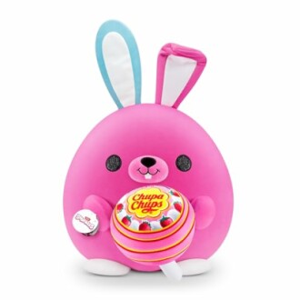 Peluches lapin rose avec sucette Chupa Chups.