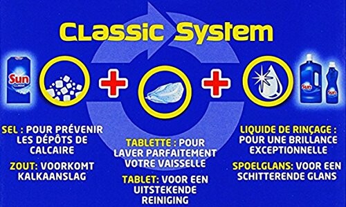 Système de lavage classique avec sel, tablette et liquide de rinçage.