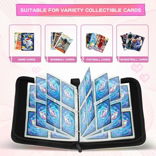 Album de rangement pour cartes de collection avec différentes cartes.