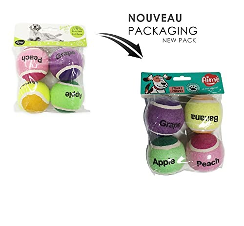 Balles de tennis colorées pour chiens avec étiquettes de fruits.