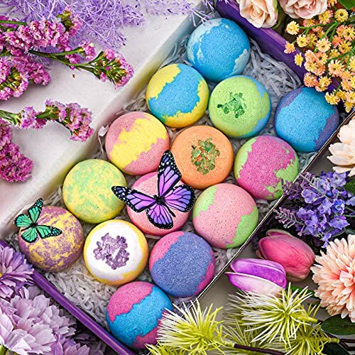 Boules de bain colorées avec fleurs et papillons.