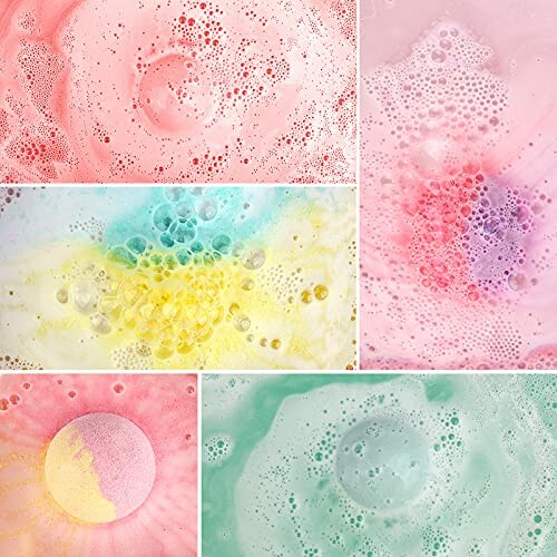 Bains moussants colorés avec des motifs de bulles roses, jaunes et verts.