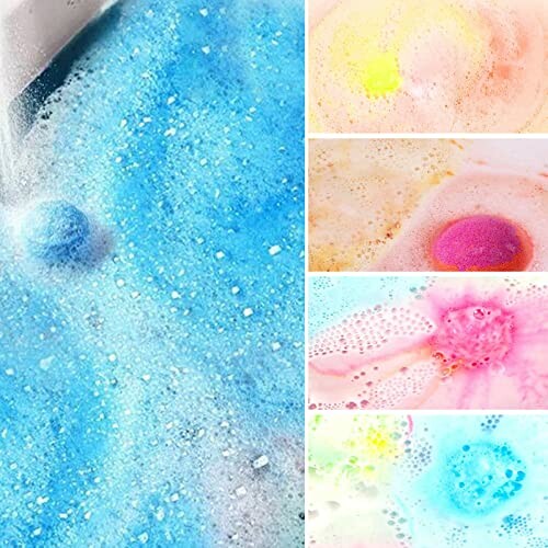 Bombe de bain colorée créant des bulles dans l'eau.