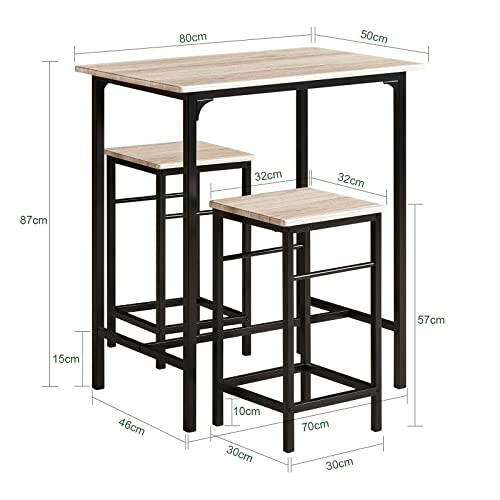 Table de bar compacte avec deux tabourets et dimensions.