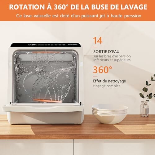 Lave-vaisselle compact avec rotation à 360 degrés et bols empilés.