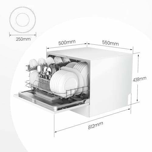 Lave-vaisselle compact avec des dimensions et vaisselle à l'intérieur.