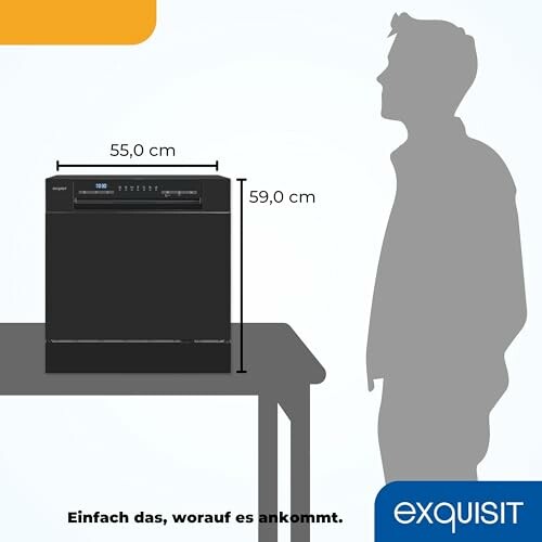 Dimensions d'un lave-vaisselle compact avec une silhouette humaine.