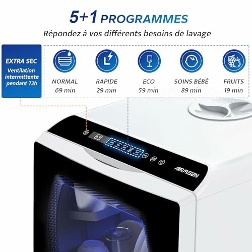 Caractéristiques du lave-vaisselle compact avec différents programmes de lavage.