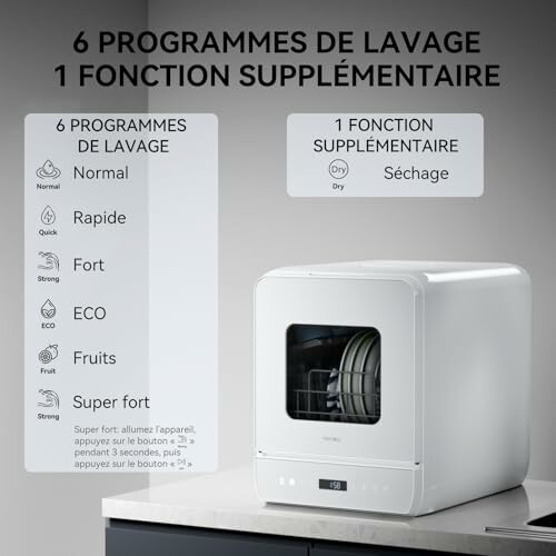 Lave-vaisselle compact avec programmes de lavage et fonction séchage.