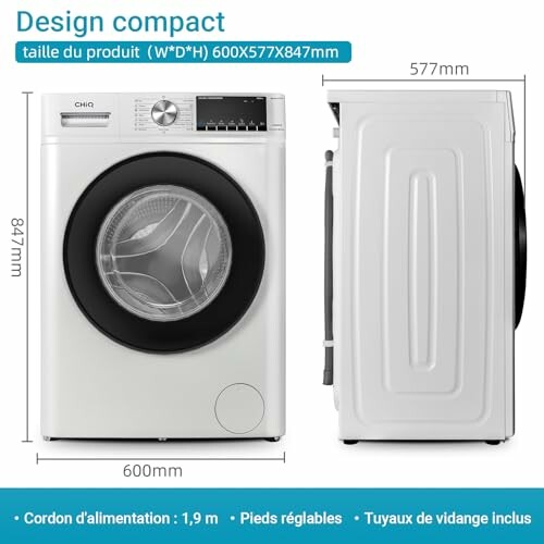 Dimensions d'une machine à laver compacte avec vue de face et de côté.