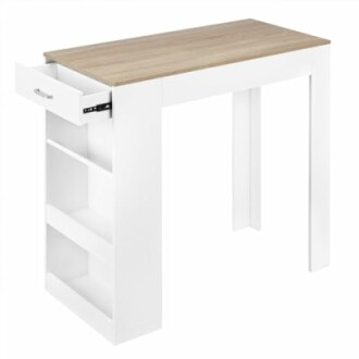 Bureau compact blanc avec tiroir et étagères.