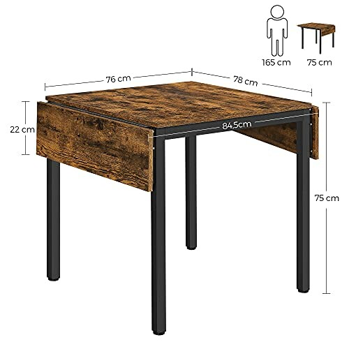 Table à manger en bois avec dimensions et illustration de taille humaine.