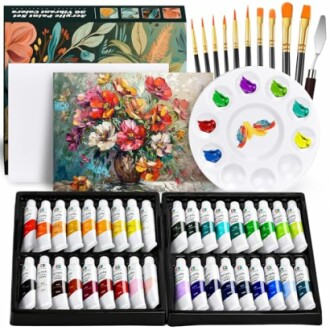 Set de peinture avec pinceaux, palette, et tubes de couleur.