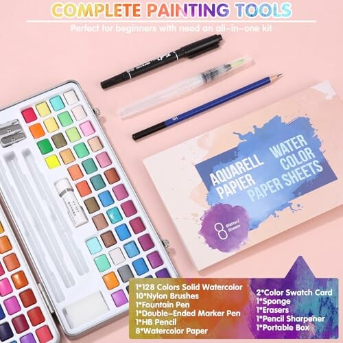 Kit complet d'outils de peinture avec aquarelles et accessoires.