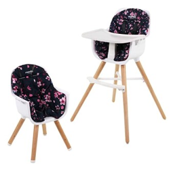 Chaise haute convertible avec motif floral.