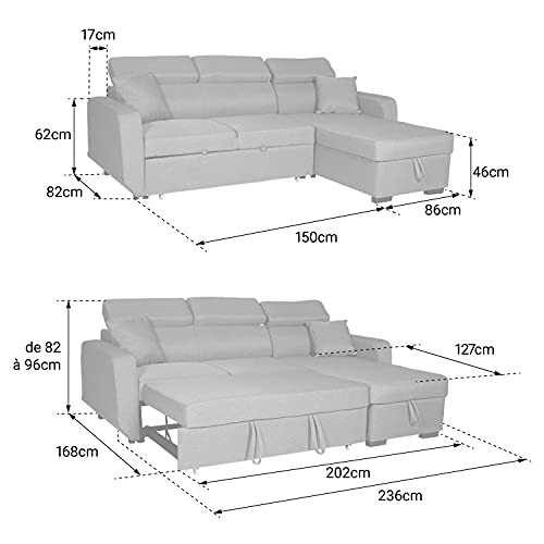 Dimensions d'un canapé d'angle convertible gris.