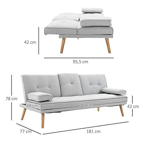 Dimensions d'un canapé-lit convertible gris avec pieds en bois.