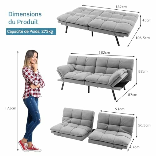 Canapé convertible gris avec dimensions et capacité de poids