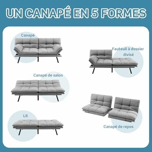 Cinq formes d'un canapé convertible, y compris canapé, canapé de salon, lit, fauteuil à dossier divisé et canapé de repos.