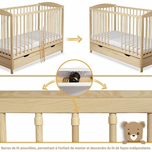 Lit bébé en bois convertible avec barres amovibles