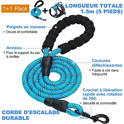 Corde d'escalade bleu pour chien avec poignée en mousse.