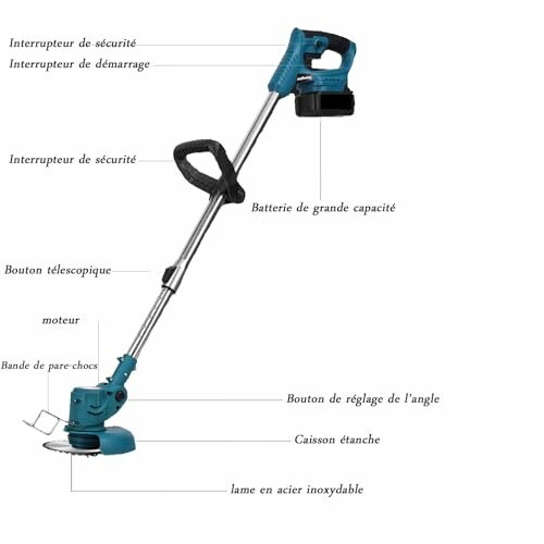 Description d'une débroussailleuse électrique sans fil avec étiquettes.