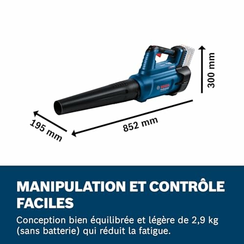Souffleur de feuilles sans fil avec dimensions.