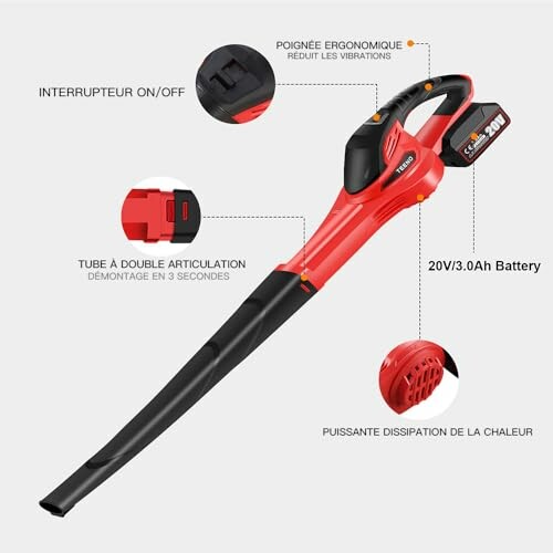 Souffleur de feuilles sans fil rouge avec batterie 20V.