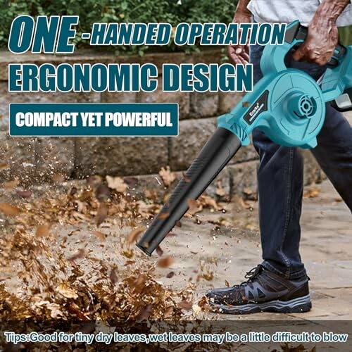 Homme utilisant un souffleur de feuilles ergonomique.