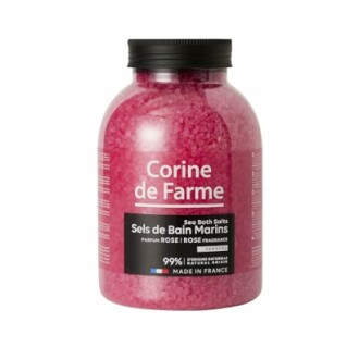 Sels de bain marins parfum rose en bouteille.