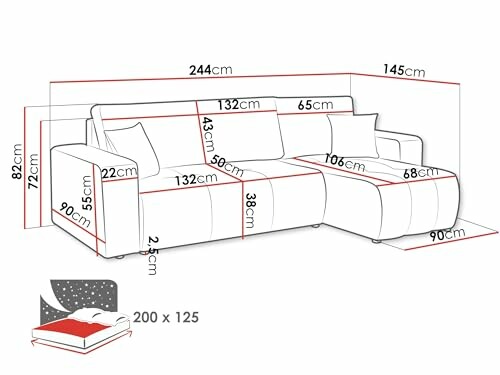 Schéma de dimensions d'un canapé d'angle avec mesures en centimètres.