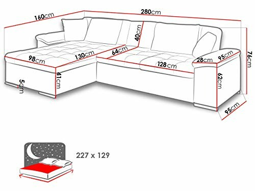 Schéma des dimensions d'un canapé d'angle avec mesures détaillées.