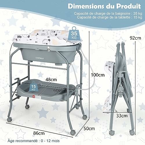 Table à langer et baignoire pour bébé avec dimensions et capacité de charge.