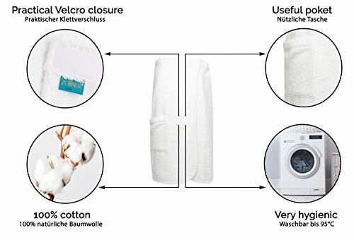 Caractéristiques d'une serviette en coton avec fermeture velcro, poche utile et lavable à 95°C.