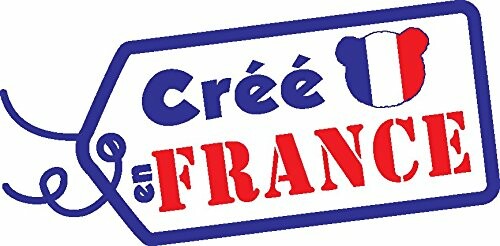 Étiquette avec le texte 'Créé en France' et un ours avec le drapeau français.