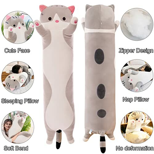 Oreiller long en forme de chat pour câlins et sommeil.