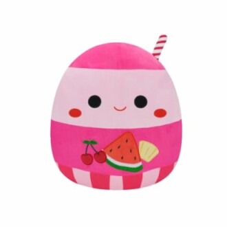Peluche mignonne avec des motifs de fruits et visage souriant.
