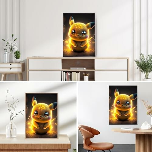 Art mural de Pikachu brillant dans une pièce moderne.