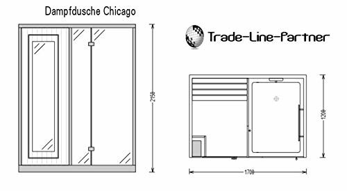 Schéma de la douche à vapeur Chicago avec dimensions.