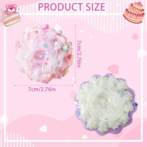 Deux squishies décoratifs en forme de gâteau avec des mesures.