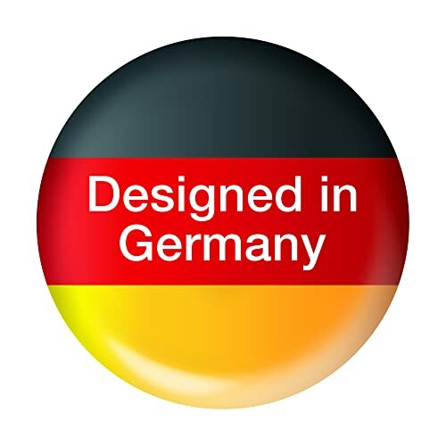 Badge rond avec les mots 'Designed in Germany' sur fond de drapeau allemand.