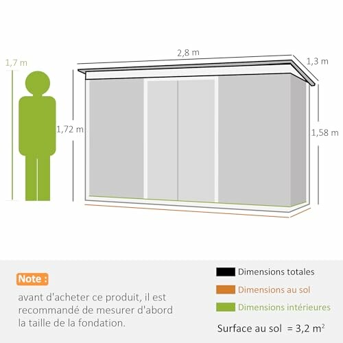 Schéma des dimensions d'un abri de jardin avec comparaison de taille humaine.