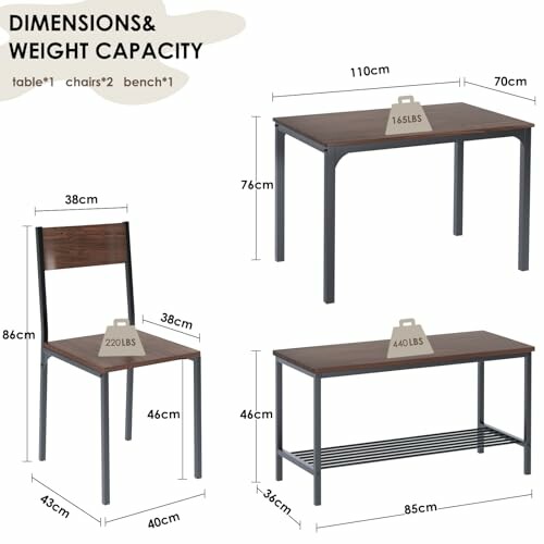 Dimensions et capacité de poids pour une table, deux chaises et un banc.