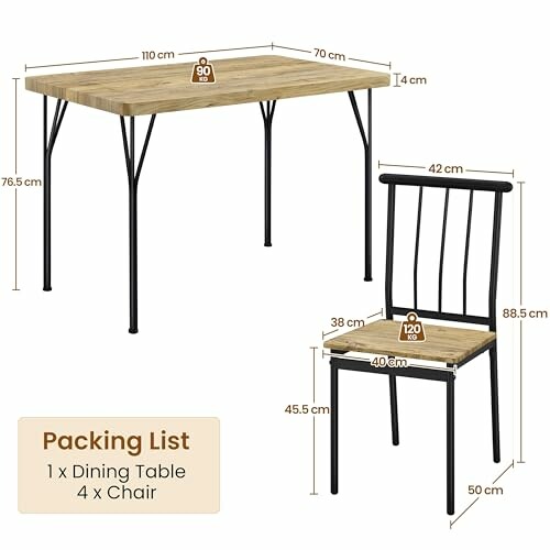 Dimensions d'une table à manger et chaise en bois avec pieds en métal.